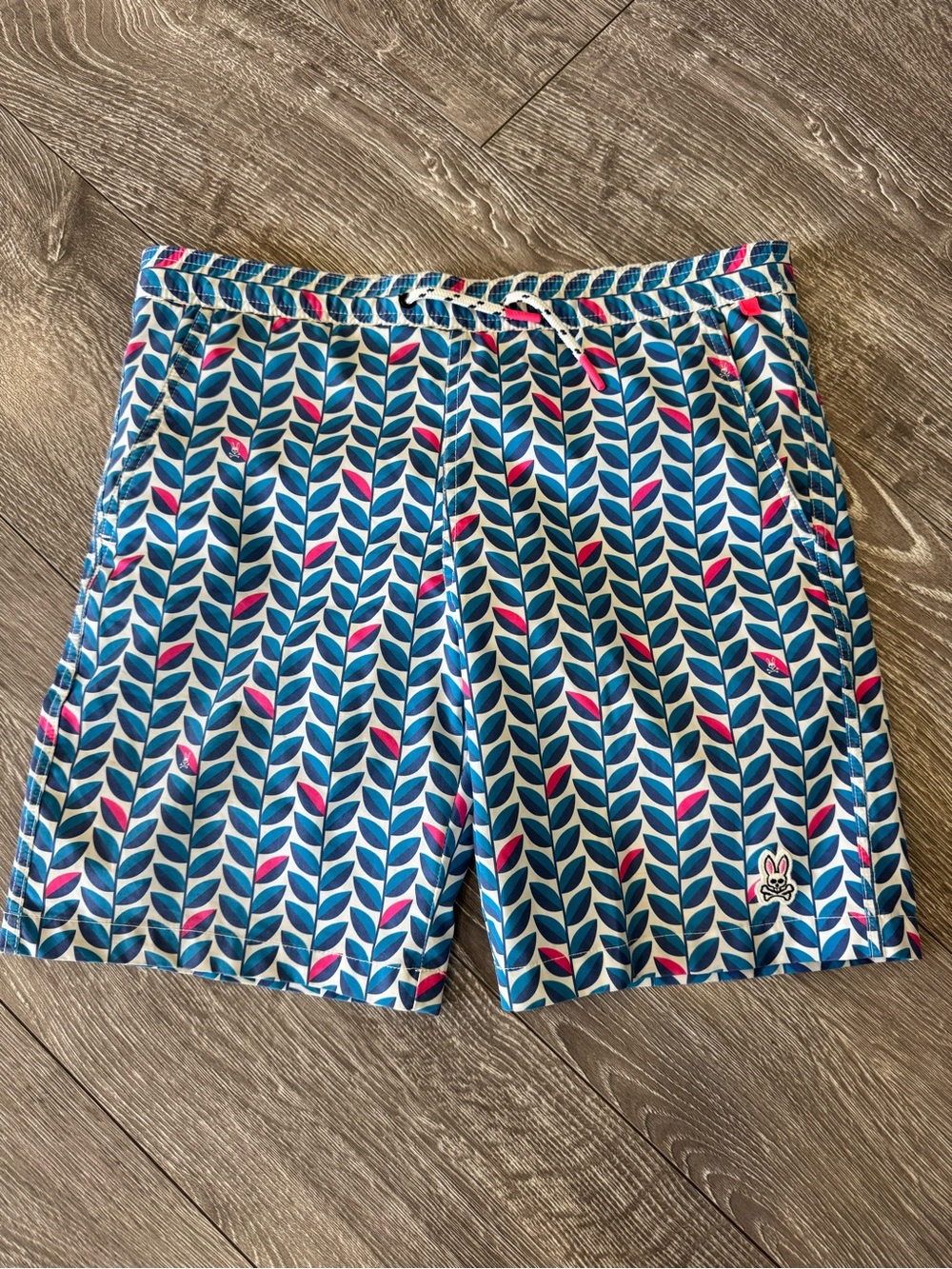 Psycho Bunny Boys Blue and Pink Leaf-Print Swim Shorts